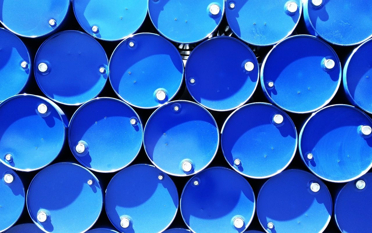 Stacked blue steel drums seen from above